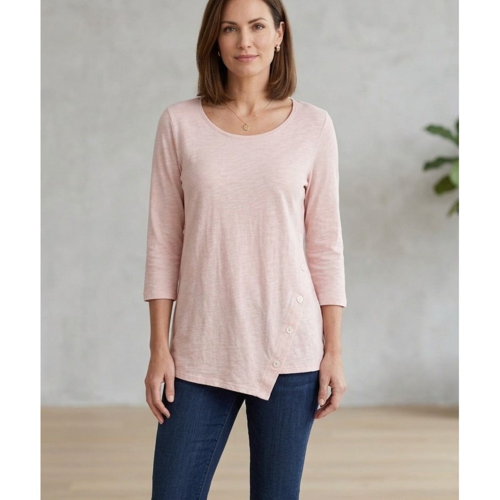 Pure Jill S Asymmetric Button Tunic Top Light Pink Slub Knit 3/4 Sleeve Relaxed